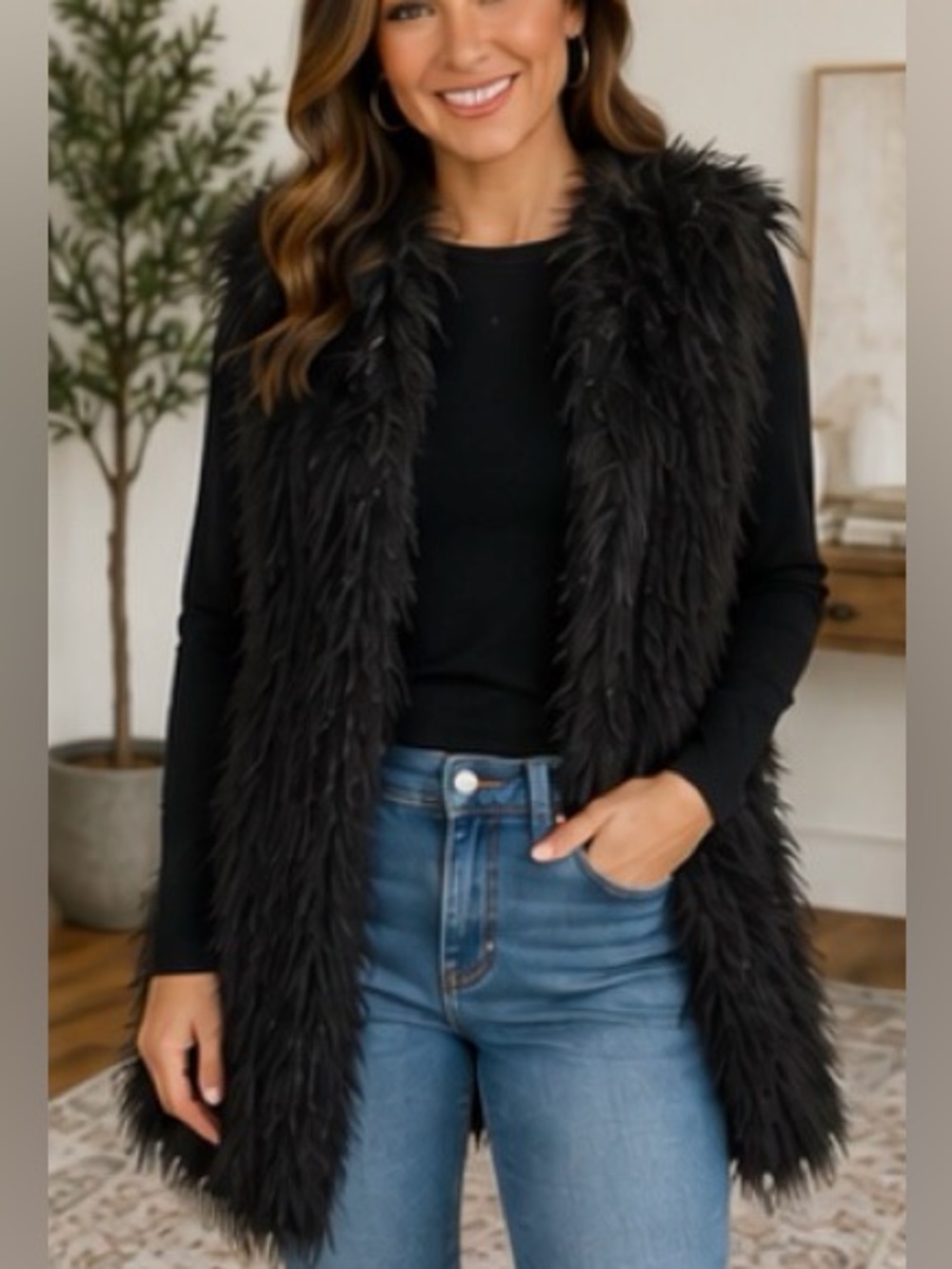 a new day Black Faux Fur Open-Front Vest